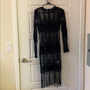 Mesh lace dress with fringe hemline